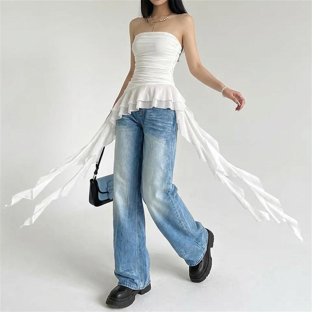 Statement White Ruched Strapless Top with Dramatic Ruffle Train