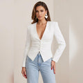Elegant White Structured Deep V-Neck Button-Front Blouse