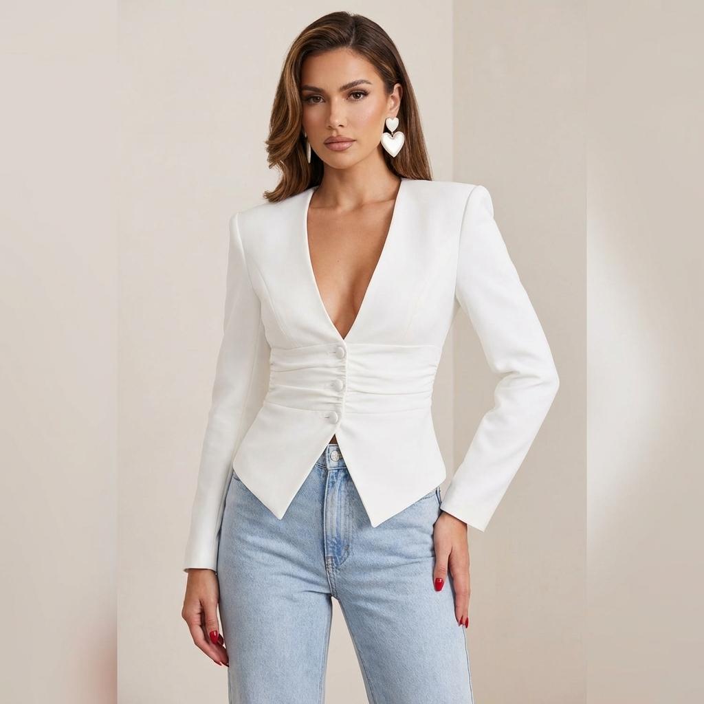 Elegant White Structured Deep V-Neck Button-Front Blouse