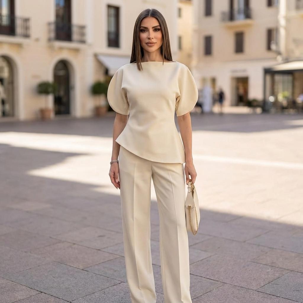 Elegant Cream Puff-Sleeve Asymmetrical Top & Tailored Wide-Leg Trouser Set