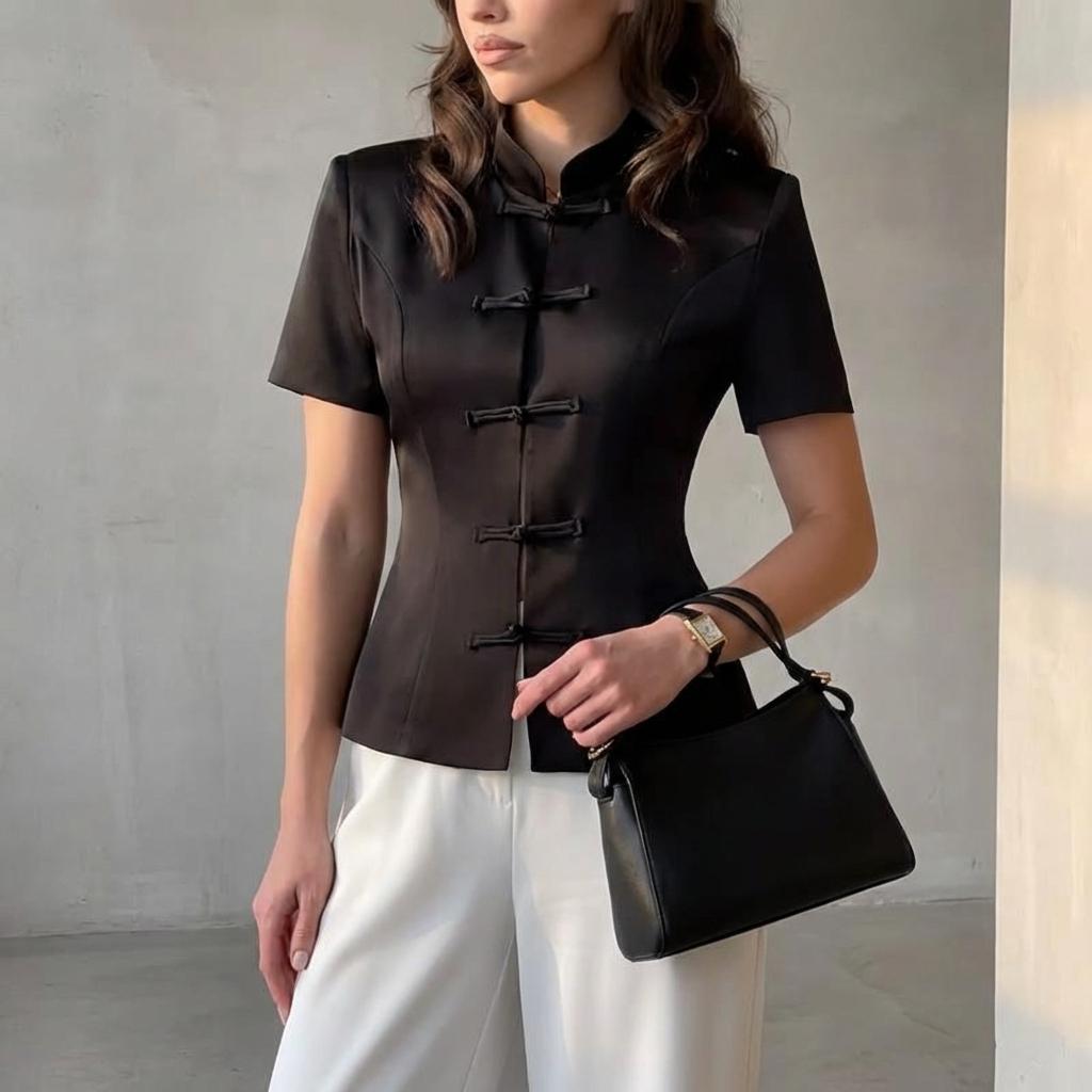 Elegant Black Mandarin Collar Blouse with Traditional Frog Closures